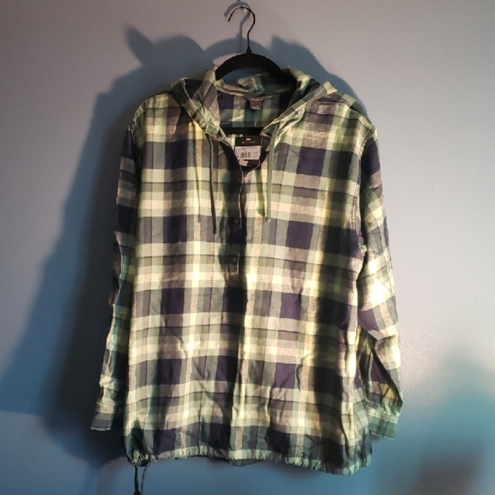 Eddie Bauer.  Plaid Hooded Shirt in Green and Blue